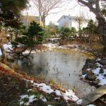 池の薄氷は解けていず